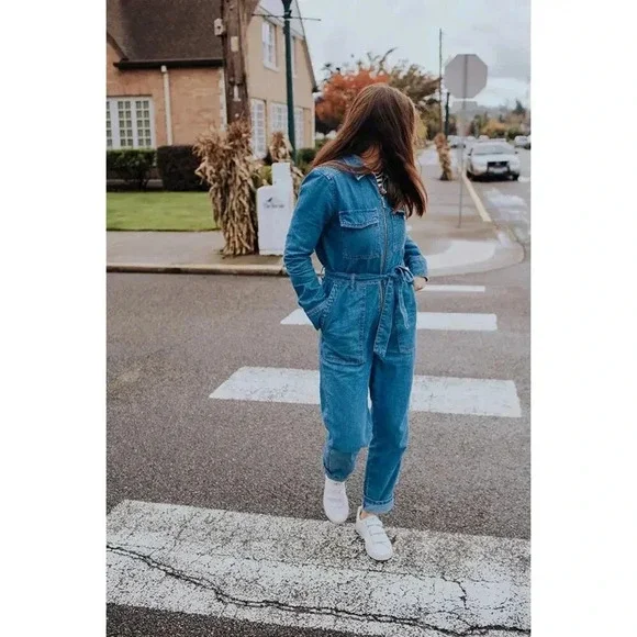 Topshop Zip-Up Belted Utility Denim Boiler Suit Blue Size 8 - Picture 3 of 13